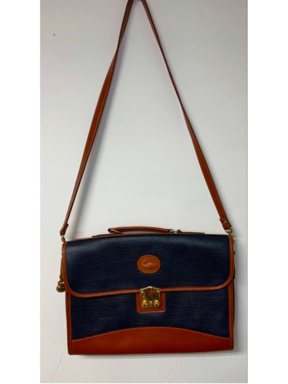 Vintage Dooney & Bourke AWL Leather Briefcase Navy British Tan Crossbody